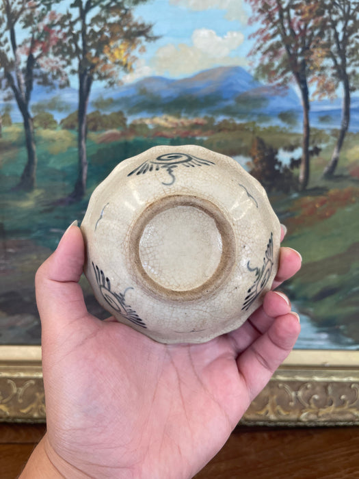 Vintage Vietnamese Ceramic Tea Bowl with Hand-Painted Dragonfly and Botanical Motif