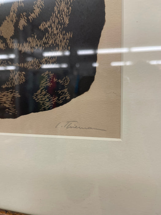 Vintage Framed Woodcut Cat Print Signed by Artist L. Thiemann