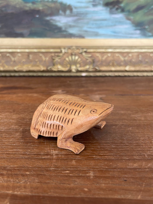 Hand-Carved Mid-20th Century Wooden Frog Sculpture with Incised Detailing