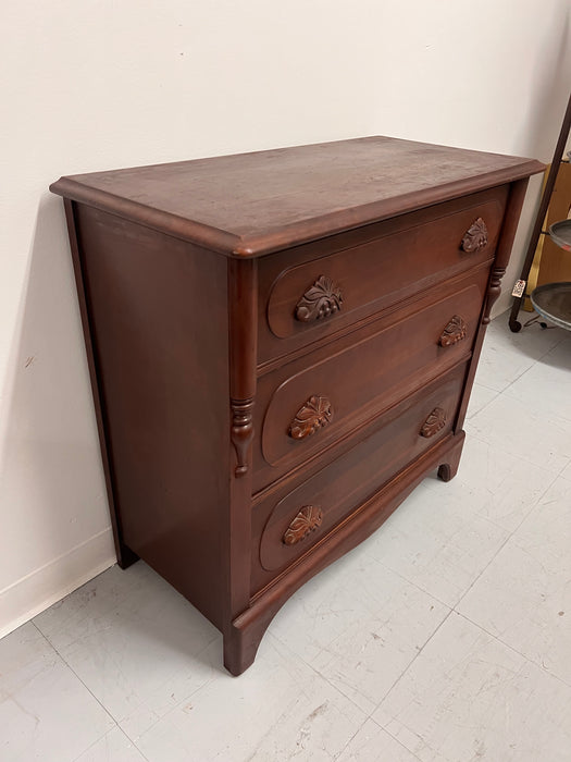 Vintage Mahogany Wood Dresser 3-Dovetailed Drawers with Solid Wood Ornate Pine Cone Handle Design