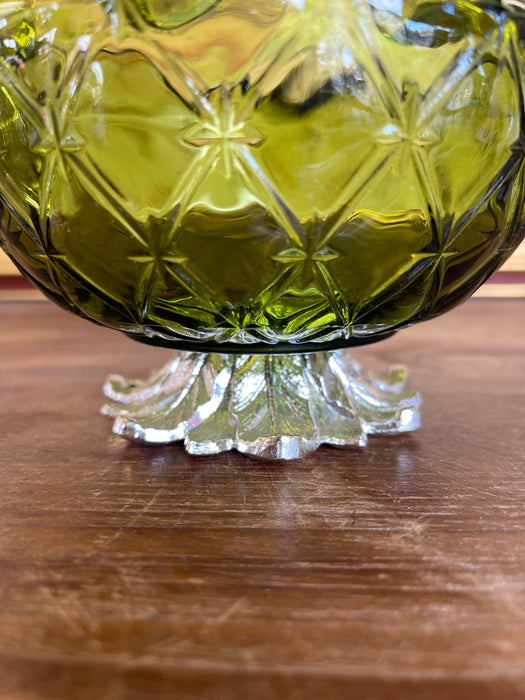 Vintage Green Pressed Glass Bowl with Scalloped Rim and Silver-Toned Floral base.