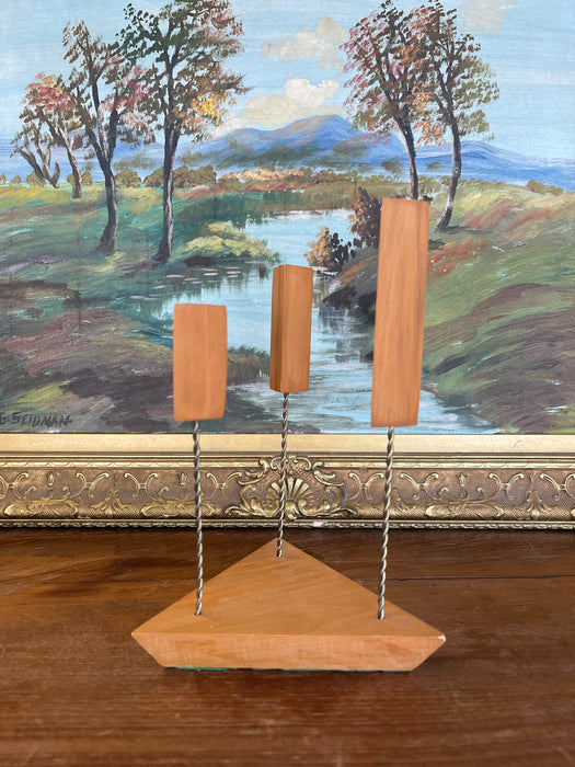 Mid-Century Modern Possibly Teak and Twisted Metal Triple Candle Holder with Geometric Base