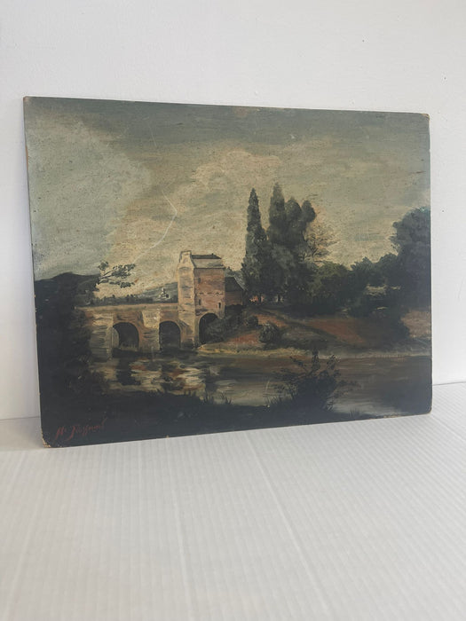 Vintage Oil on Canvas signed painting of a Moody Bridge and Landscape Scene.