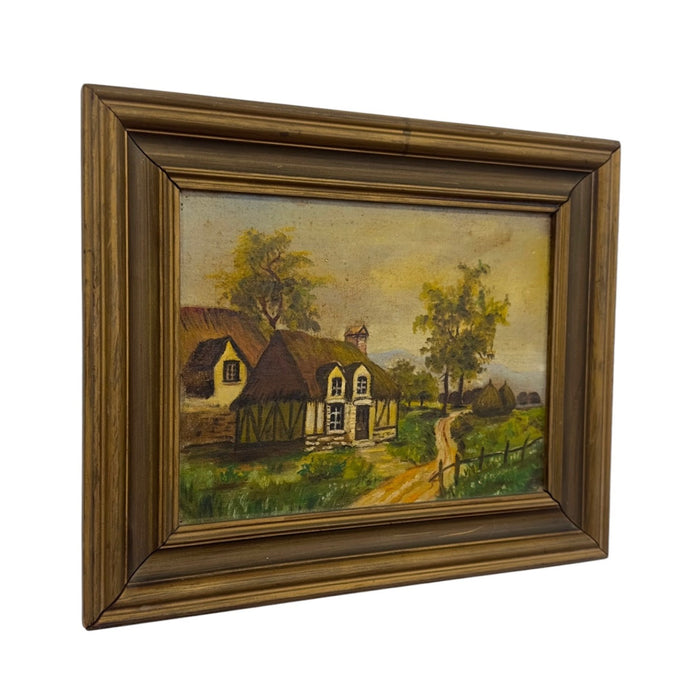Vintage Unsigned Cottage Landscape Oil Painting – Framed European Countryside Scene