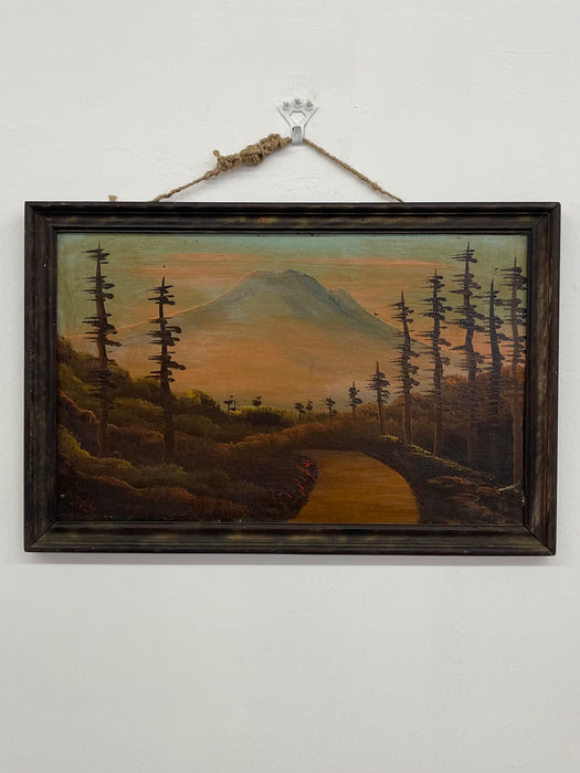 Vintage Framed Landscape Painting of Mountain Path at Sunset, Signed, Folk Art Style