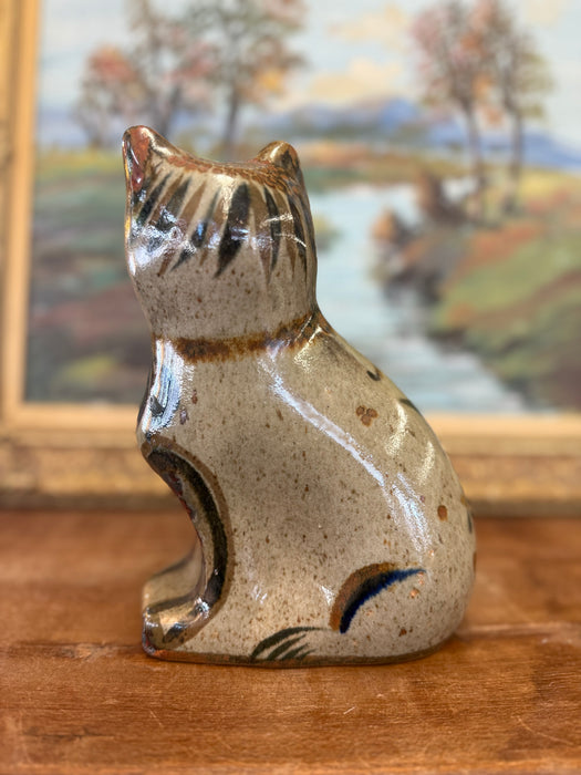 Signed Vintage Mud Century Modern Style Mexican Folk Art Pottery Cat Hand Painted Ceramic Figurine, Studio Clay Cat Decor, Rustic Animal Sculpture