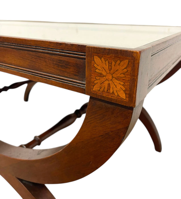 Vintage Neoclassical Style Coffee Table with Removable Glass Top, Curved Saber Legs and Floral Inlay Accents