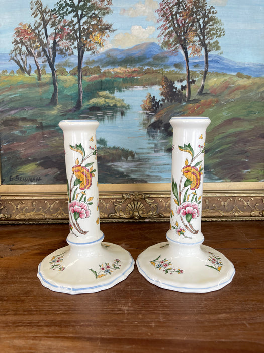 Pair of Hand-Painted French chinoiserie Style Gien France Ceramic Candlesticks - Floral Motif, Stamped