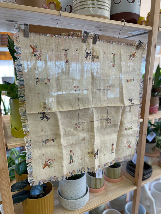 Vintage Hand-Embroidered Linen Tablecloth with Figural Motif and Fringe Border