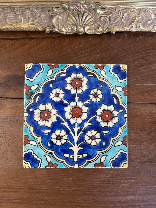 Hand-Painted Glazed Ceramic Tile with Ottoman Floral Motif in Cobalt and Turquoise