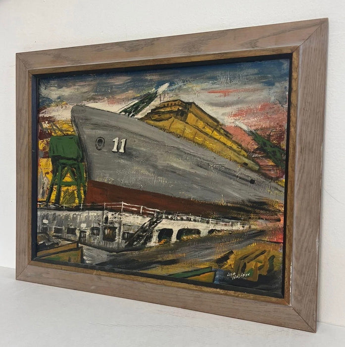 Vintage Mid-Century Industrial Shipyard Painting Signed Framed Harbor Maritime Scene