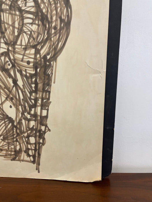 Vintage Abstract Figurative Ink Drawing on Paper, Signed Modernist Expressionist Artwork