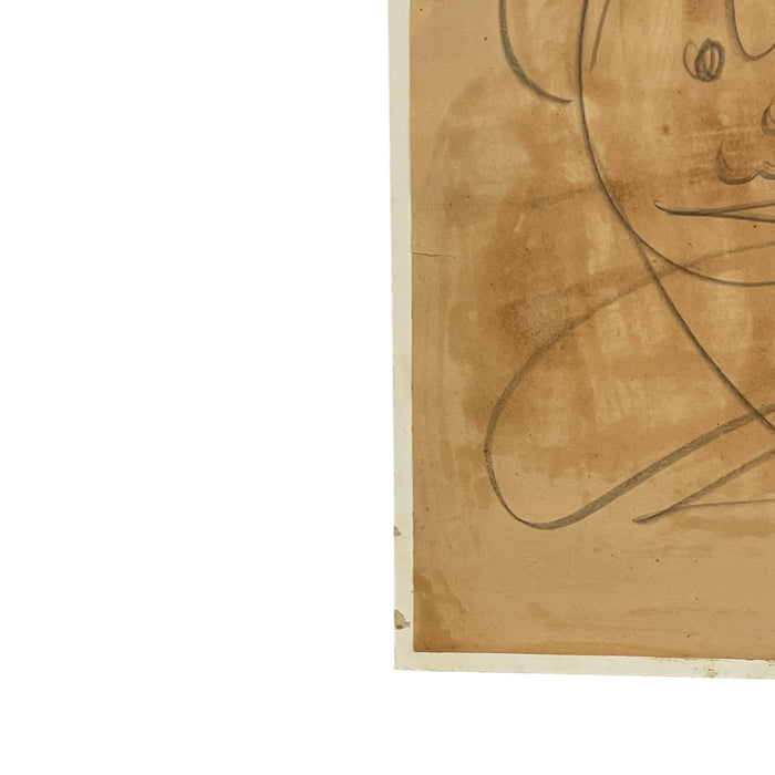 Vintage Abstract Portrait Drawing on Toned Paper by Jerry Owens, Modernist Figurative Artwork.