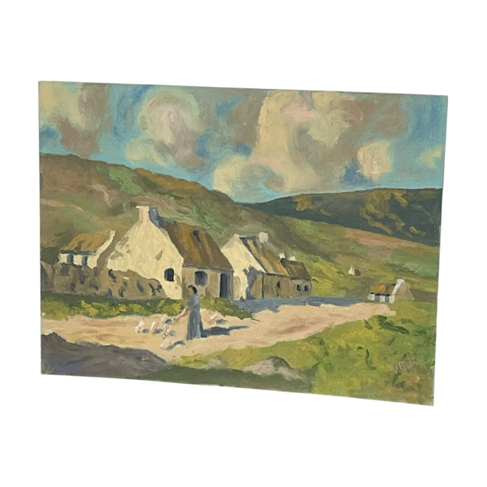 Vintage European Village Landscape Painting on Canvas