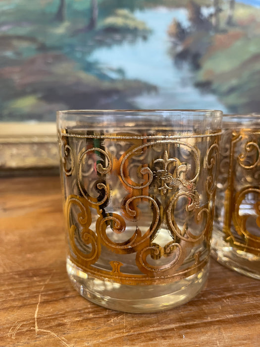Mid-Century Georges Briard Lowball Glasses - Set of 6 Gold-toned Scroll Double Old Fashioned Tumblers