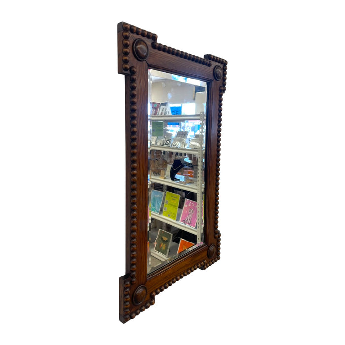 Antique Bobbin Turned Oak Wall Mirror – Arts and Crafts Style Spool Beaded Wood Frame with Beveled Glass