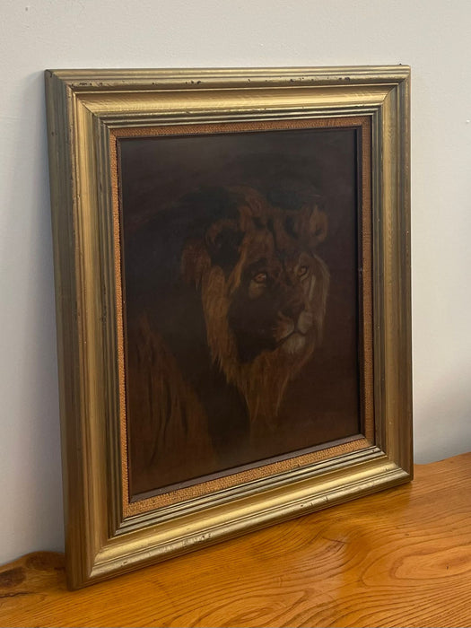 Vintage Judi Otto Original Pastel or Painting of Lion on Brown Velvet