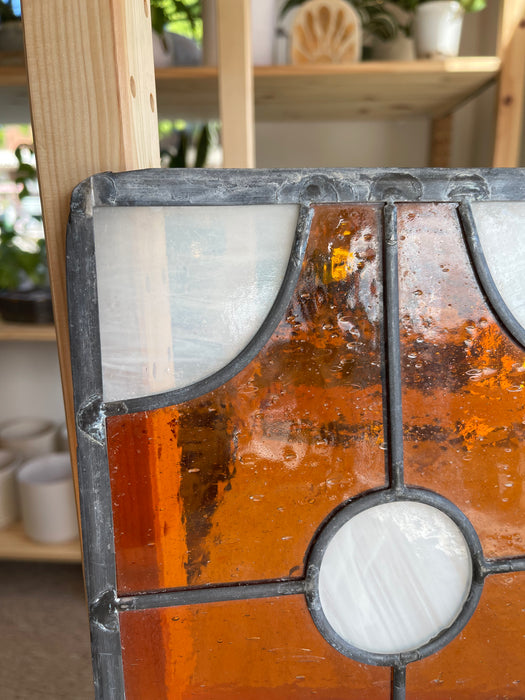 Pair of Vintage Amber and White Stained Glass Window Panels