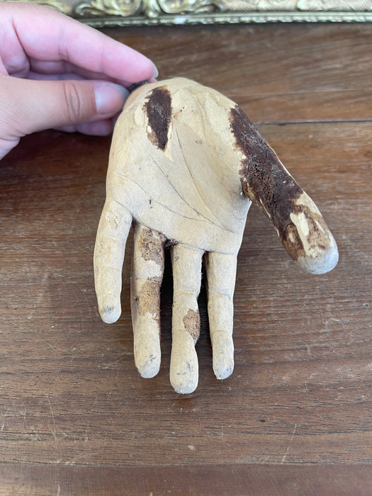 Antique Carved Wooden Articulated Hand Fragment with Original Hook, Likely Religious or Folk Art, 19th Century