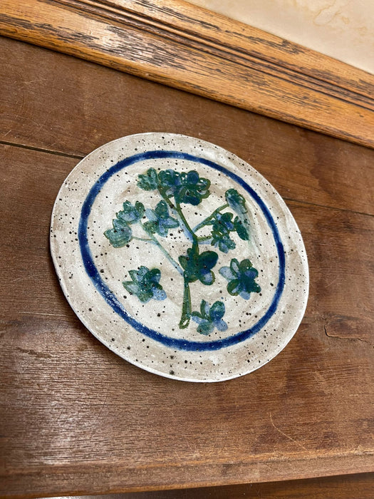 Vintage Signed Ceramic Plate With Blue Floral Motif.