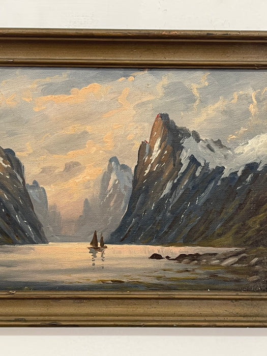 Vintage Signed K. Fjeilberg Mountain Landscape Painting with Sailboats in Gilt Wood Frame Possibly 1930s Norway
