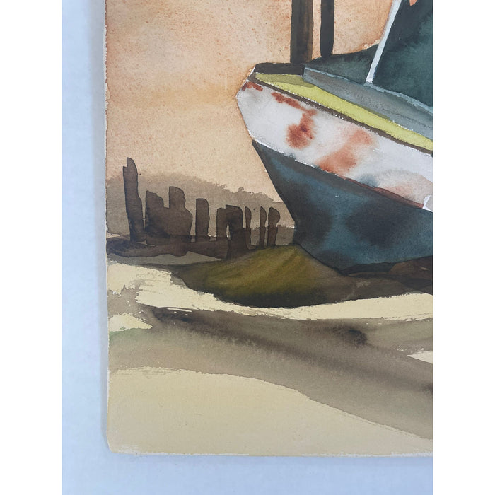 Vintage Landscape Artwork on Paper of Beached Boat