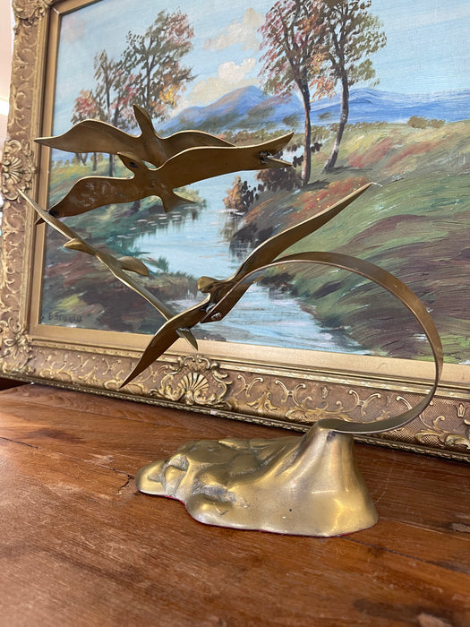 Vintage Mid-Century Modern Brass Toned Seagull Sculpture on Rocky Base