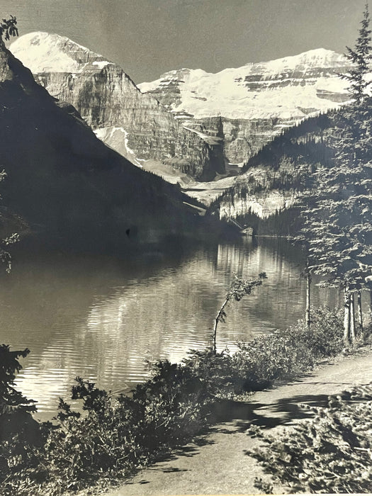 Vintage Black and White Lake Louise & Victoria Glacier Photograph, Alberta Landscape Print