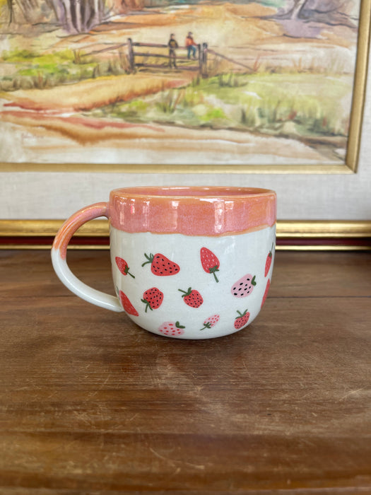 Handmade Wheel-Thrown Ceramic Strawberry Mug with Peach Glaze Interior
