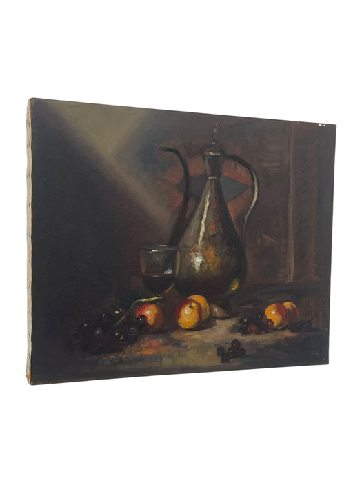 Vintage Still Life Oil Painting with Fruit and Wine Goblet on Canvas