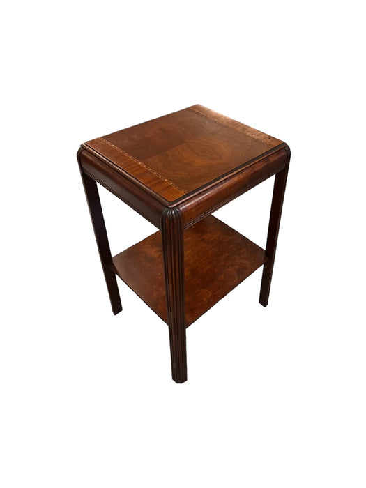 Vintage Art Deco Waterfall Mahogany End Table or Accent Table Shelf with Book-matched Burl Accents and Wood Inlays