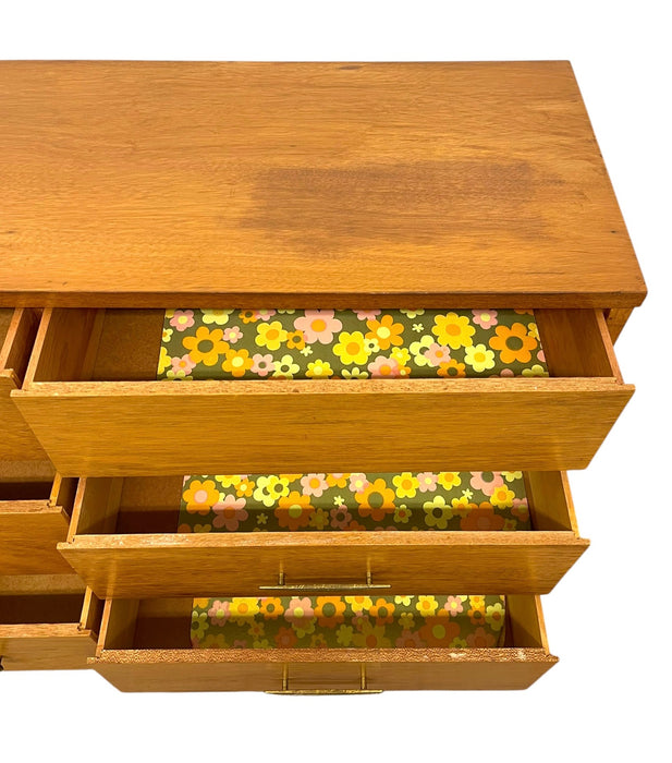 Vintage Mid Century Modern Credenza Dresser with 12 Drawers, Tapered Legs and Brass-Toned Hardware