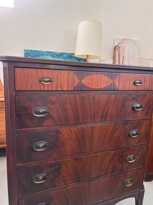 Antique American 5 Drawer Dresser or Chest with Flame Mahogany Wooden Drawer Fronts French Legs Inlaid Contrasting Veneers and Dovetailed Drawers