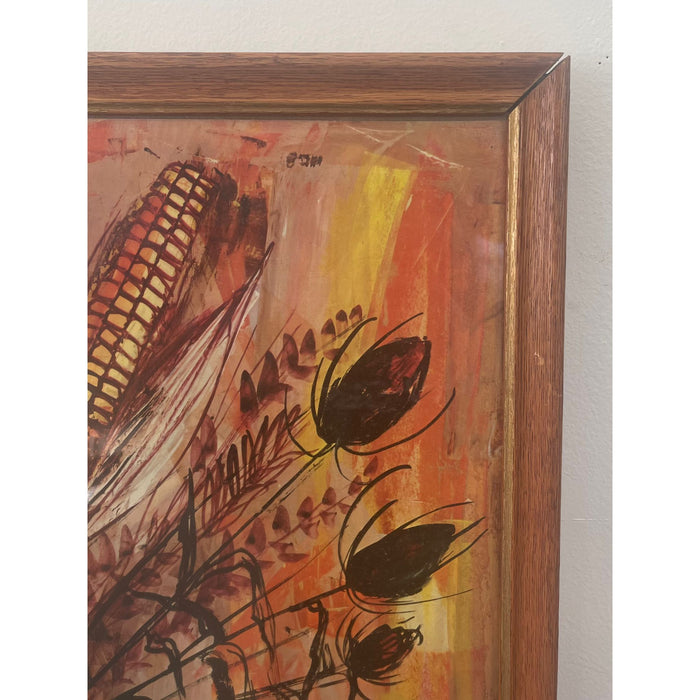 Vintage Signed and Framed Print of Corn Husk Bouquet