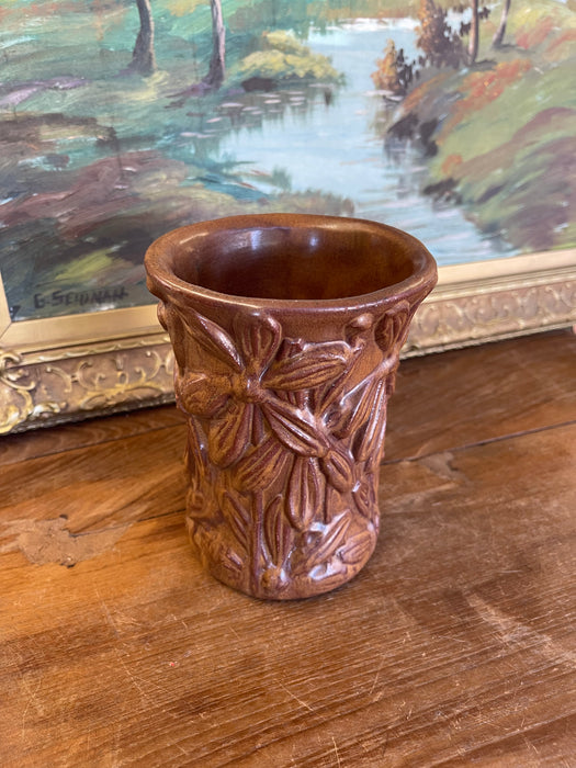 Vintage Red Wing Pottery Brown Glazed Floral Relief Vase