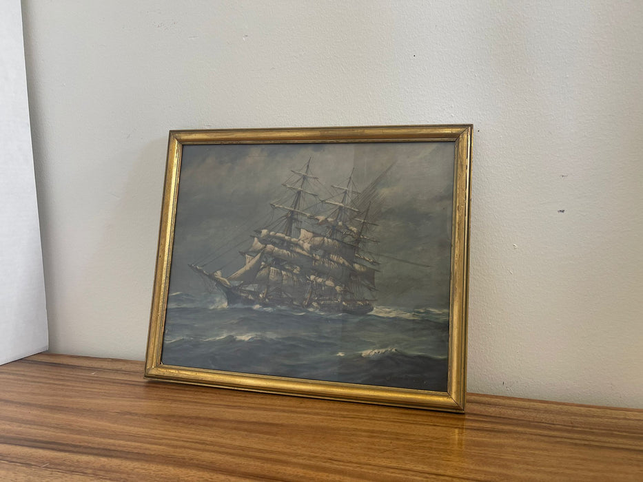 Vintage Framed and Signed Print of Sail Boat at Sea.