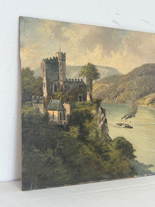 Vintage signed Scenic painting of a castle on the water.