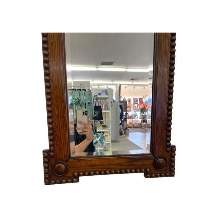 Antique Bobbin Turned Oak Wall Mirror – Arts and Crafts Style Spool Beaded Wood Frame with Beveled Glass