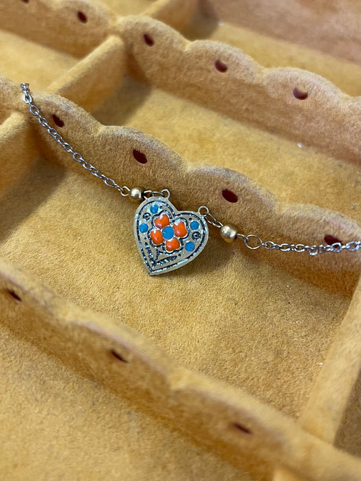 Vintage Heart-Shaped Choker with Enamel Floral Motif on Mixed-Metal Chain