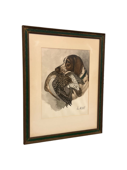 Original Hunting Dog with Foul Watercolor Painting by French Artist and Cartoonist Jean Herblet Signed