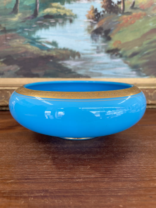 Likely Antique 19th Century French Blue Opaline Glass Bowl with Intricate Gilded Fruit and Vine Border