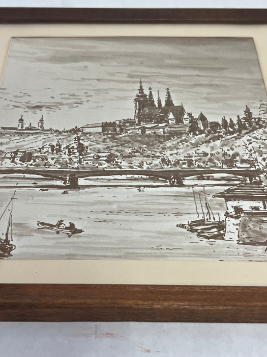 Vintage Framed Art Print depicting a town overlooking a body of water