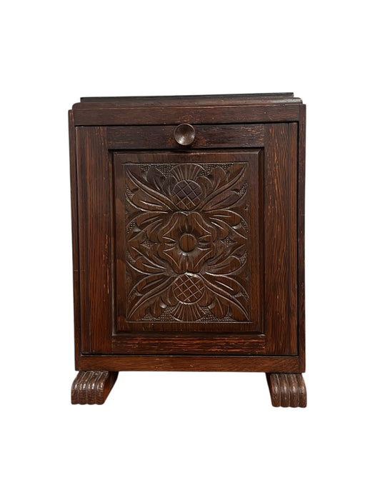 Petite Early 20th Century English Coal Bin Accent Table or Magazine Storage Rack with Floral Carvings