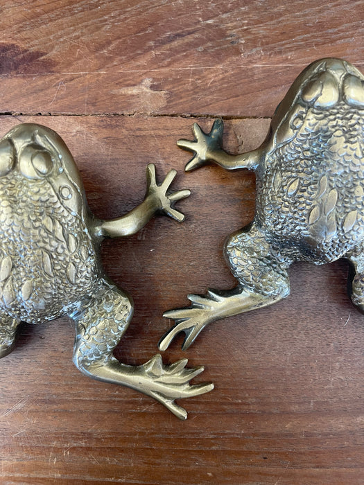 Pair of Vintage Brass Toned Crouching Frog Sculptures with Open Mouth and Textured Detailing.