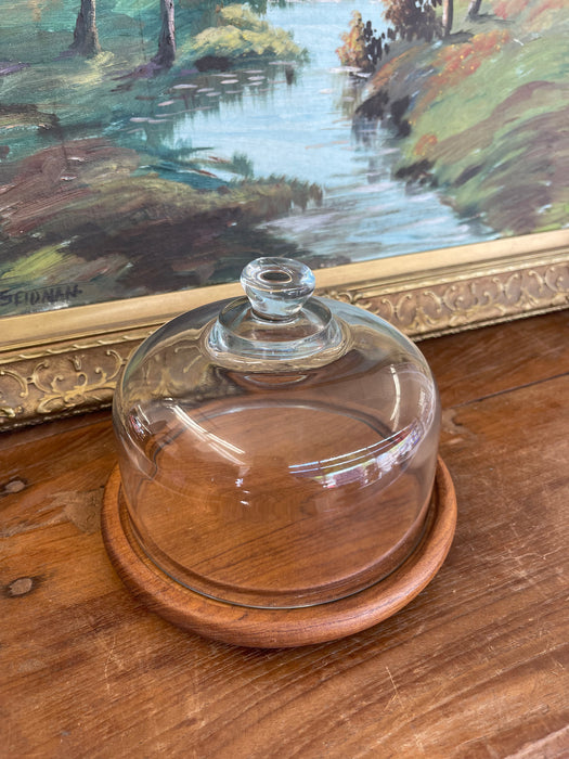 Vintage Mid-Century Modern Glass and Teak Cheese Dome by Goodwood Thailand
