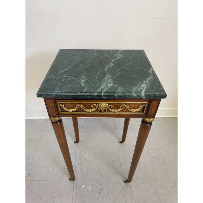 Vintage Green Marble Top Stand on Wheels With Gold Colored Motif of Woman