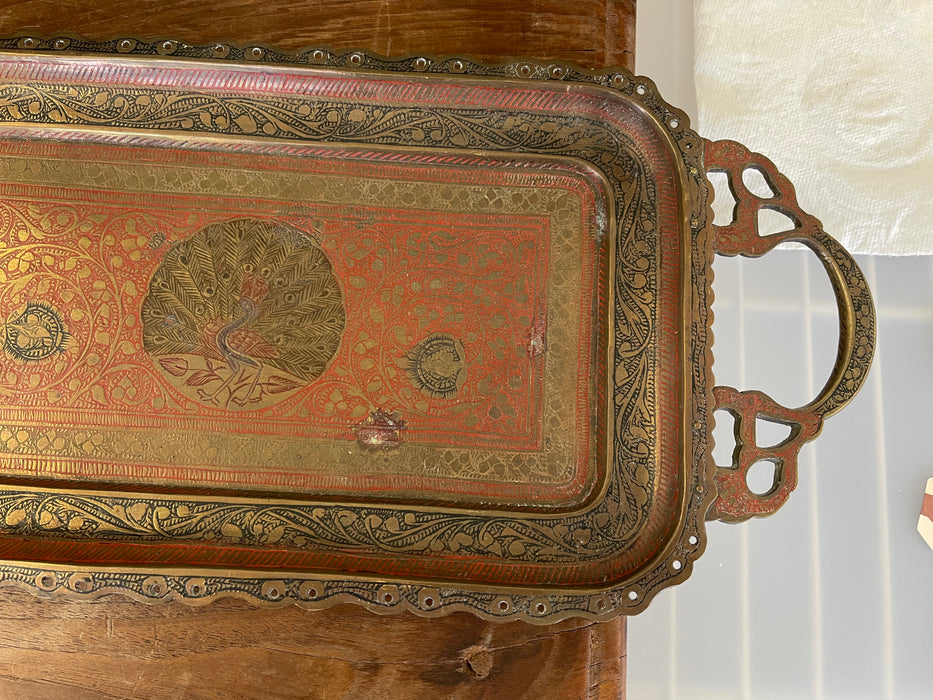 Vintage Hand-Etched Peacock Serving Tray - Made in India