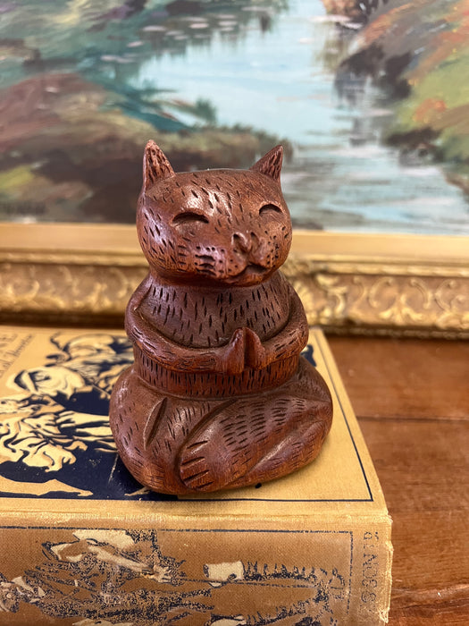 Handmade Solid wood Yoga Cat Sculpture.