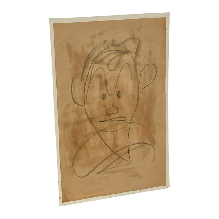Vintage Abstract Portrait Drawing on Toned Paper by Jerry Owens, Modernist Figurative Artwork.