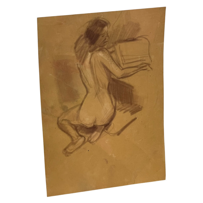 Vintage Seated Female Nude Figure Drawing on Toned Paper, Figurative Life Study